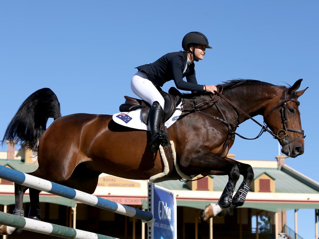 Maleah Lang-McMahon, 17, on her horse PSS Chantilly at the Ekka in 2021, before it was suddenly cancelled. Maleah’s father, Peter McMahon, rode at the 2008 Beijing Olympics and mother Michelle rode at World Cup level. Picture: Steve Pohlner