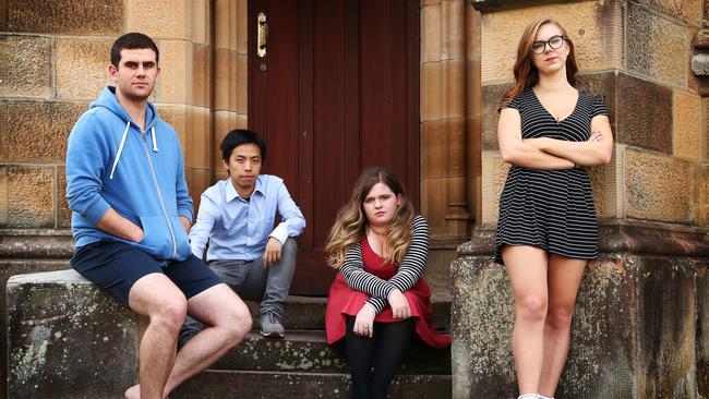 Clockwise from above, Sydney University students Francis Tamer, Warren Wang, Renee Gorman and Katarina Perkovic feel that “diversity” on campus does not extend to conservative views. Picture: John Feder