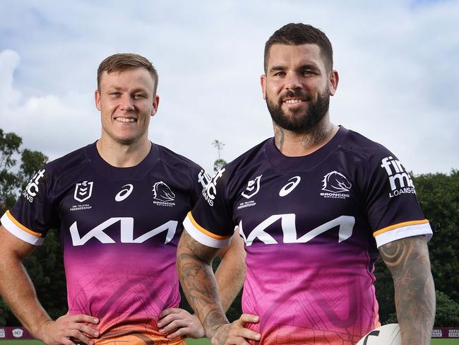 Broncos Billy Walters and Adam Reynolds wearing the new City jersey, Red Hill. Picture: Liam Kidston