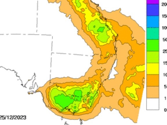 A map of forecast rainfall on Christmas Day. Picture: BOM/Supplied.