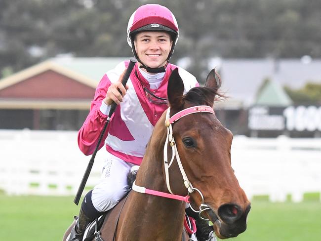 Mystery Moment ridden by Wiremu Pinn (NZ) returns to the mounting yard after winning  the Highview Speedboat Bill Handicap   at Mornington Racecourse on May 31, 2023 in Mornington, Australia. (Photo by Pat Scala/Racing Photos via Getty Images)