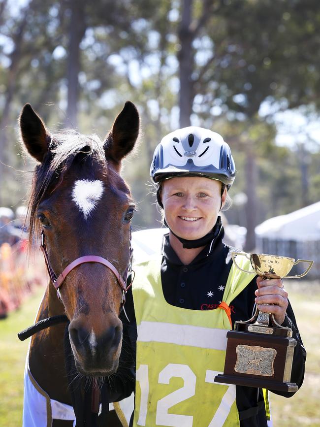 Kristie Taprell with Castlebar Belair after winning the Tom Quilty 160km endurance ride at Scottsdale in Tasmania. Picture: Chris Kidd