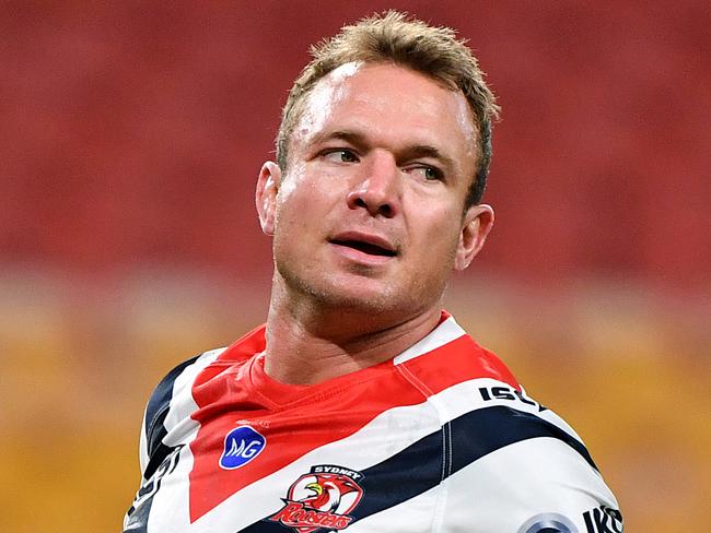 Jake Friend of the Roosters is seen during a warm up prior to the Round 4 NRL match the Brisbane Broncos and the Sydney Roosters at Suncorp Stadium in Brisbane, Thursday, June 4, 2020. (AAP Image/Darren England) NO ARCHIVING, EDITORIAL USE ONLY