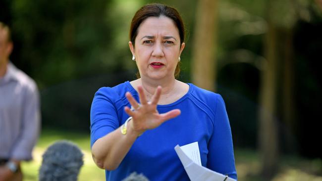 Premier Annastacia Palaszczuk talks at the press conference.Premier Annastacia Palaszczuk and Innovation Minister Kate Jones make an announcement about the Coronavirus at the University of Queensland.Sunday March 22, 2020. (AAP image, John Gass)