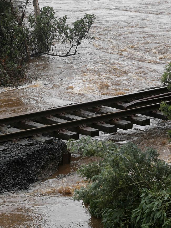 Damage to the Emu River railway bridge at Wivenhoe. Picture: CHRIS KIDD