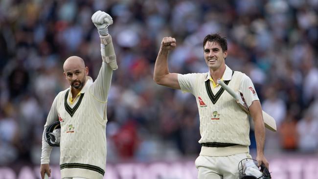 Nathan Lyon and Pat Cummins walk off after hitting the winning runs during Day 5 of the First Ashes Test at Edgbaston. Picture: Visionhaus/Getty Images.