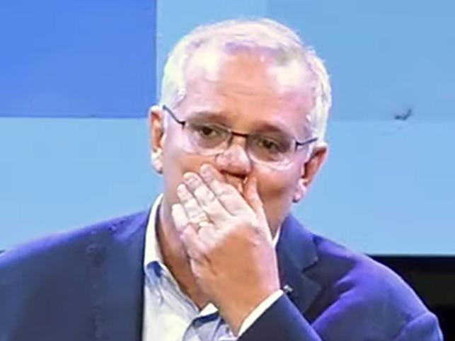 Scott Morrison tears up while addressing Horizon Church after his election defeat. Picture: YouTube/Horizon Church