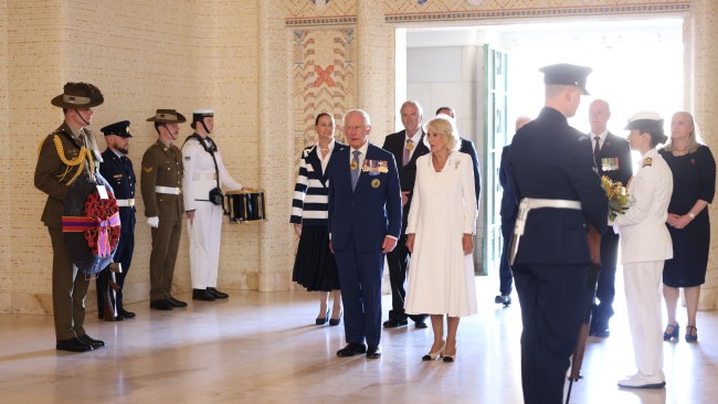 Their Majesties lay a wreath at the Tomb of the Unknown Australian Soldier in the Hall of Memory. Picture: NewsWire / Ben Appleton