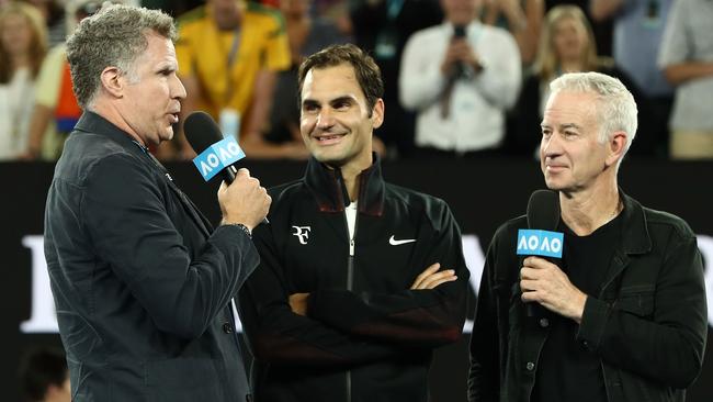 Federer with Will Ferrell and John McEnroe.