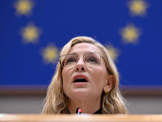 Australian actress, and Ambassador of UNHCR goodwill, Cate Blanchett adresses members of the parliament during a plenary session at the European Parliament, EU headquarters in Brussels on November 8, 2023. (Photo by John THYS / AFP)