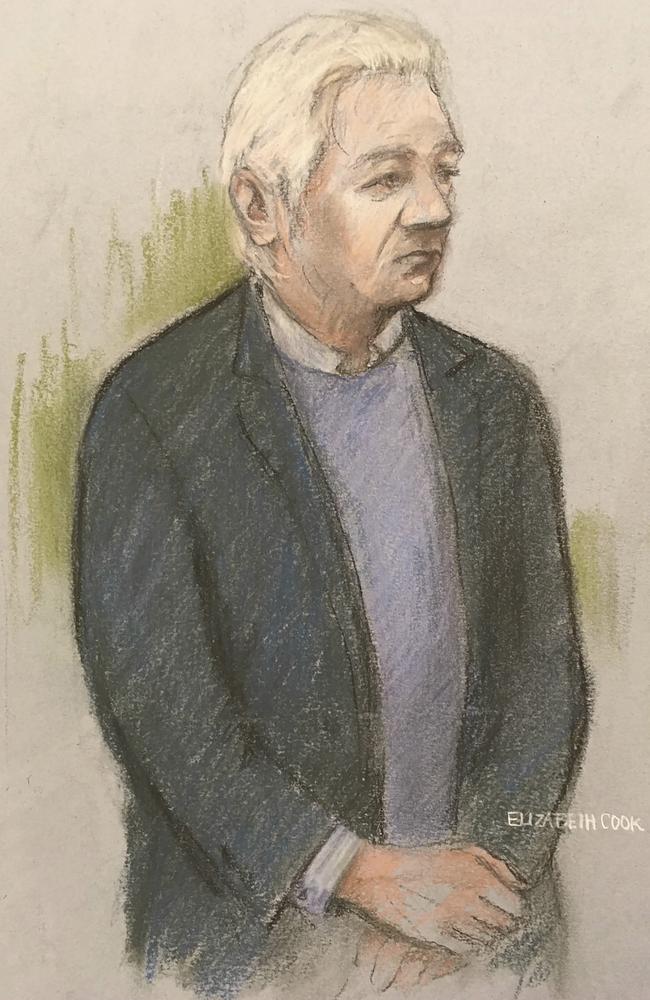 A court artists’ sketch of Julian Assange as he appeared in court in London for a hearing related to his extradition to the US. Picture: AP