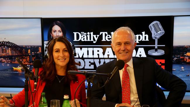 Prime Minister Malcolm Turnbull in the studio at News Corp Australia's Surry Hills office for the first Miranda Devine Live radio show. Picture: Jonathan Ng