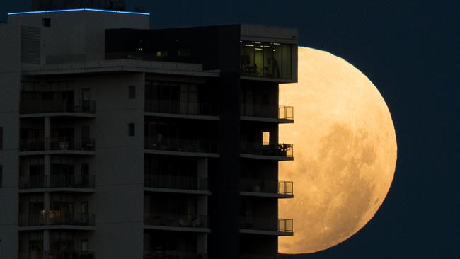 A super blue blood moon rises over the city of Perth. Picture: AAP