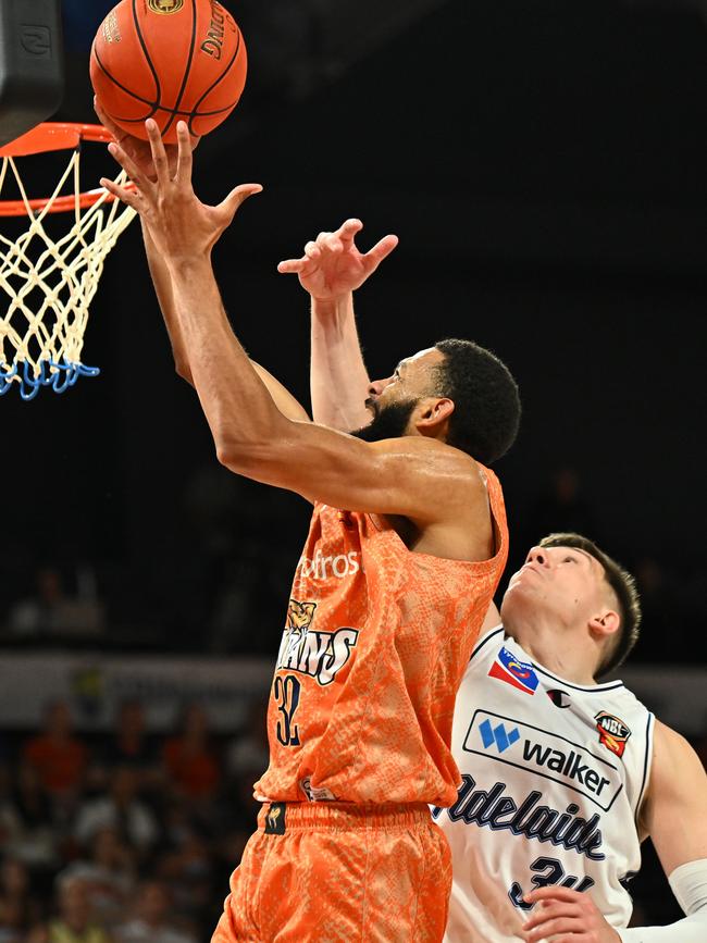 CAIRNS, AUSTRALIA - SEPTEMBER 28: Pedro Bradshaw of the Taipans goes to the basket during the round two NBL match between Cairns Taipans and Adelaide 36ers at Cairns Convention Centre, on September 28, 2024, in Cairns, Australia. (Photo by Emily Barker/Getty Images)
