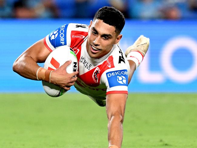 GOLD COAST, AUSTRALIA - MARCH 09: Tyrell Sloan of the Dragons satduring the round one NRL match between the Gold Coast Titans and St George Illawarra Dragons at Cbus Super Stadium, on March 09, 2024, in Gold Coast, Australia. (Photo by Bradley Kanaris/Getty Images)