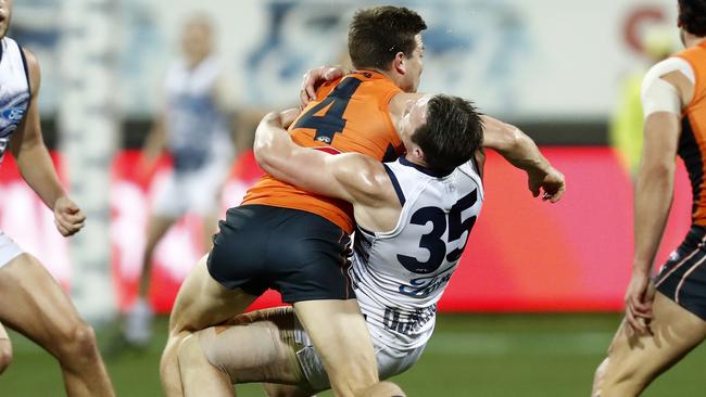 Toby Greene was suspended for a week after this hit on Patrick Dangerfield last year.