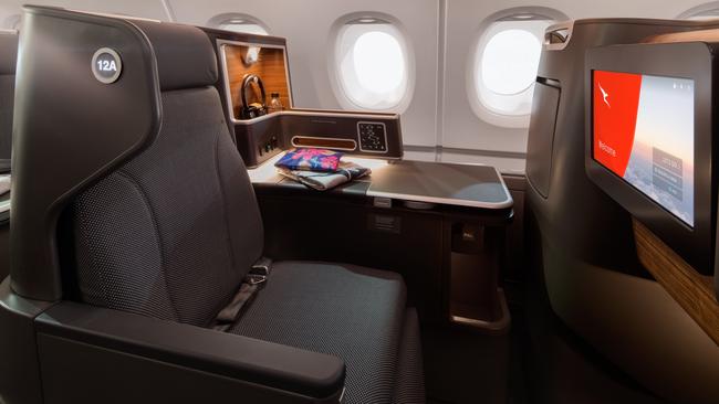 A Qantas business class cabin on the Airbus A380-800.