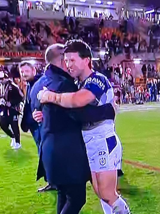 Paul Gallen and Chad Townsend hugging it out at Leichhardt Oval. Picture: Supplied