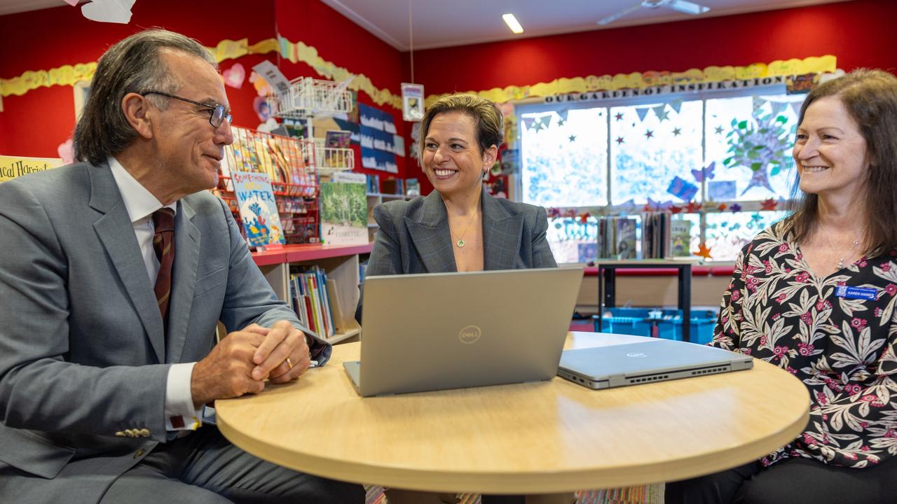 Anglicare Victoria CEO Paul McDonald, Communications Minister Michelle Rowland and St Benedict's Primary School, ACT, associate principal Karen Haines. Picture: Supplied