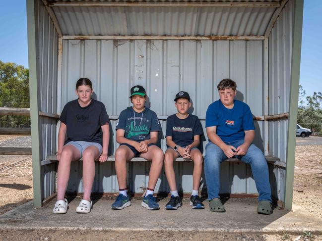 02-01-2025 Inverleigh school kids Lili Scott, George Carr, Mason Frenchman and Max Shaw all attend government secondary schools in Geelong have been informed they will not have a seat on the Inverleigh regional school bus in 2025. Picture: Brad Fleet