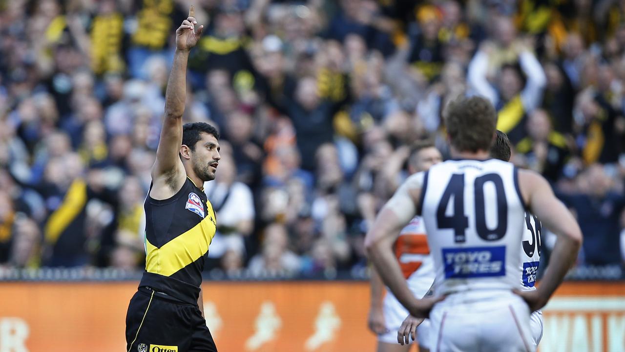 Marlion Pickett celebrates his goal during last year’s Grand Final. Picture: David Caird.