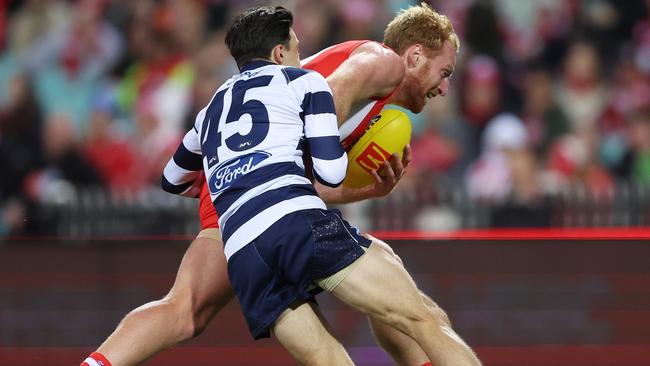 Brad Close’s tackle on Aaron Francis is sure to come under the scrutiny of the MRO. (Photo by Mark Metcalfe/AFL Photos/via Getty Images)