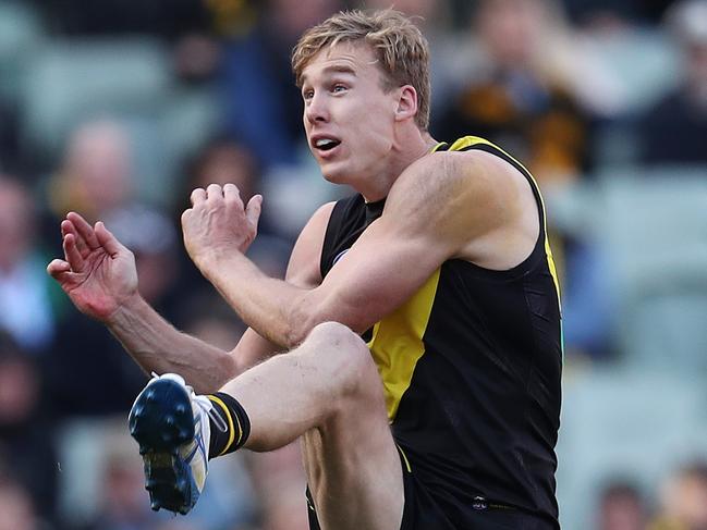 Tom Lynch kicks for goal against the Giants. Picture: Michael Klein