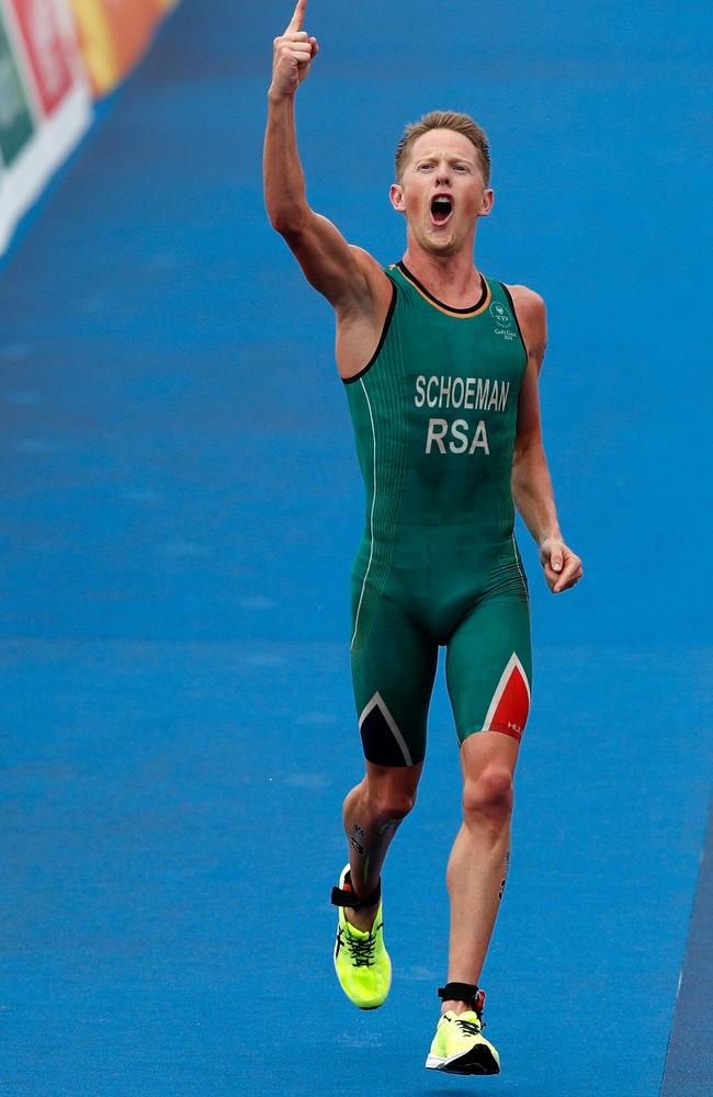 Schoeman runs down the home straight to win the triathlon final at the Gold Coast Commonwealth Games. Picture: Adrian Dennis