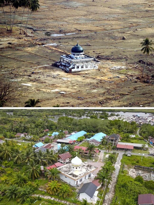 An aerial view of a mosque in an area that was affected by the December 26, 2004 tsunami in Kuala Bubon on the outskirts of Meulaboh, Aceh province on January 19, 2005 (top) and the same mosque on November 17, 2024. Picture: Chaideer Mahyuddin and Adek Berry/ AFP