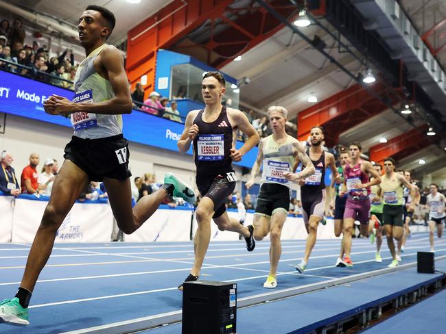 NEW YORK, NEW YORK - FEBRUARY 08: Yared Nuguse of the United States leads the pack in the Wanamaker Mile during the 117th Millrose Games at The Armory Track on February 08, 2025 in New York City. Nuguse set a new world record for the indoor mile. (Photo by Sarah Stier/Getty Images)