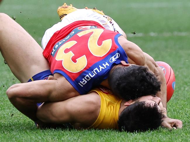 Charlie Cameron’s tackle on Liam Duggan earnt him a three-game ban. (Photo by Will Russell/AFL Photos via Getty Images)