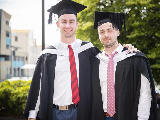 Hayden Johnson and Jack Watts. University of Tasmania Hobart Graduations 2019, Wednesday morning. Picture: RICHARD JUPE