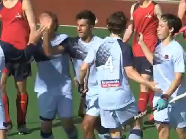 Grafton's Tyler Gaddes (No.7) congratulates teammates after NSW State opened its account against South Australia in their first match of the 2021 Australian Under-18 Boys Hockey Championships at Launceston on Thursday, 8th April, 2021.