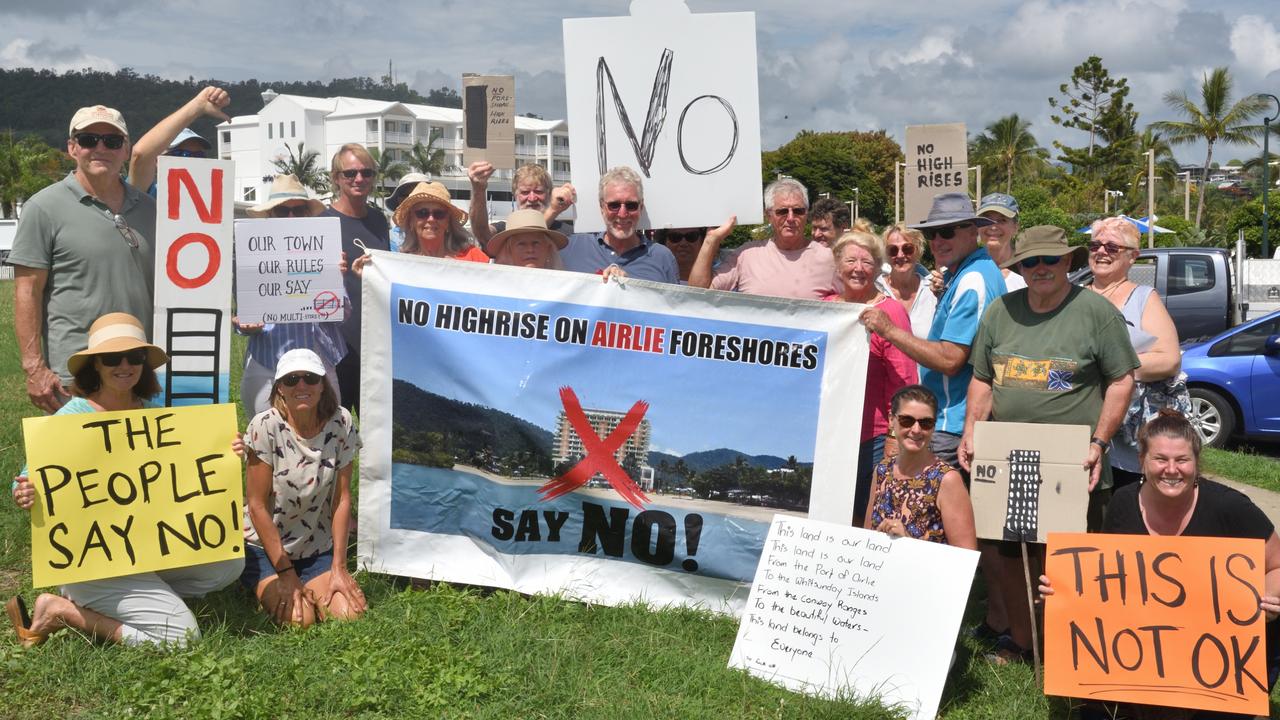 Whitsunday community members including Save Our Foreshore president Suzette Pelt and Fight For Airlie spokesman Clay Bauman gathered at the Port of Airlie on Tuesday, November 30 2021 to protest the council‘s approval of a 47 metre-tall luxury resort complex. Picture: Supplied