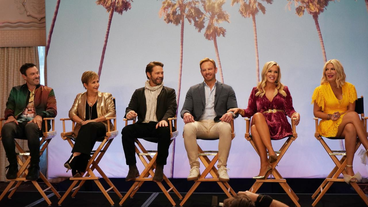 Brian Austin Green, Gabrielle Carteris, Jason Priestley, Ian Ziering, Jennie Garth and Tori Spelling in the BH90210 reunion series. Picture: Shane Harvey/FOX