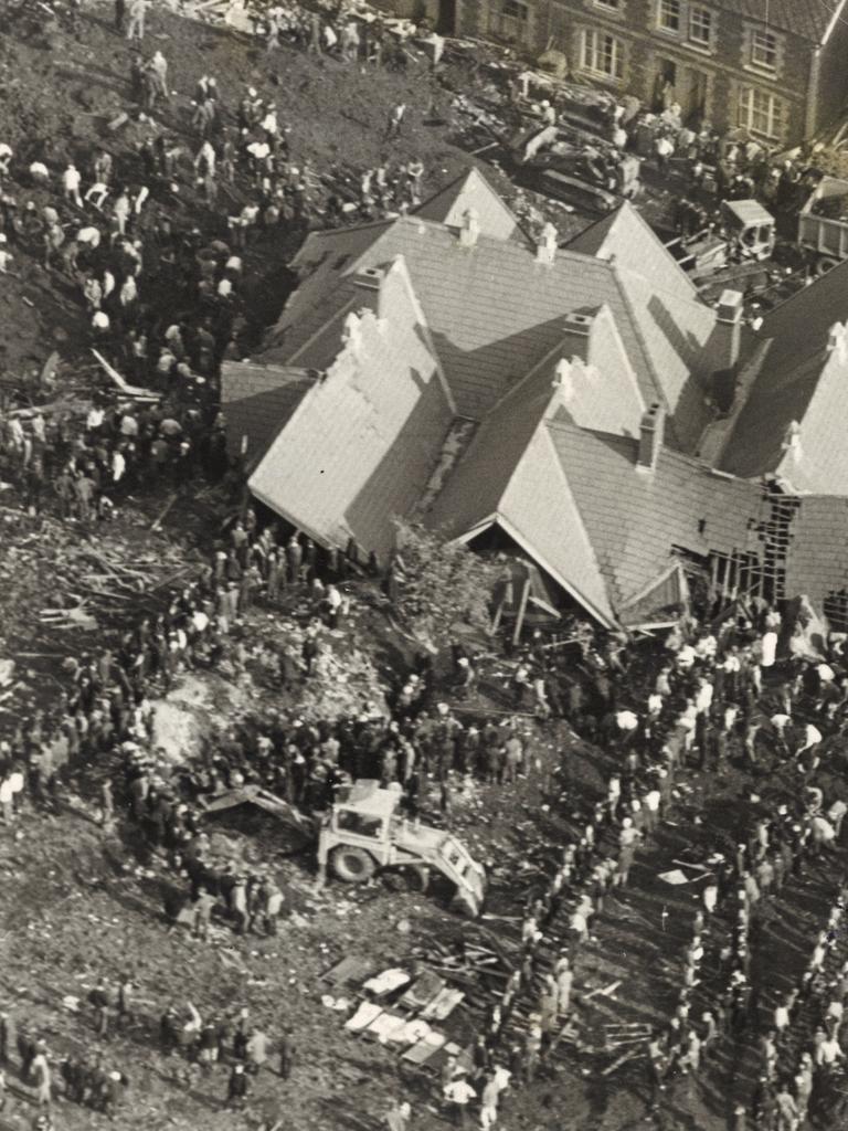 An aerial view of the wrecked schoolhouse in Aberfan.