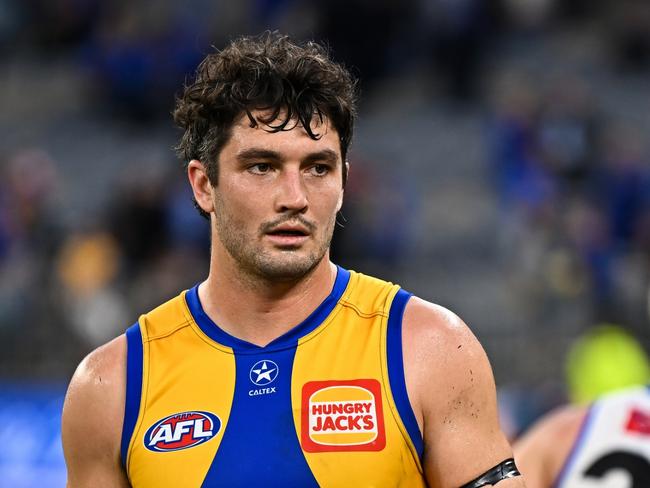 PERTH, AUSTRALIA - JUNE 08: Tom Barrass of the Eagles unhappy after the loss during the 2024 AFL Round 12 match between the West Coast Eagles and the North Melbourne Kangaroos at Optus Stadium on June 08, 2024 in Perth, Australia. (Photo by Daniel Carson/AFL Photos via Getty Images)