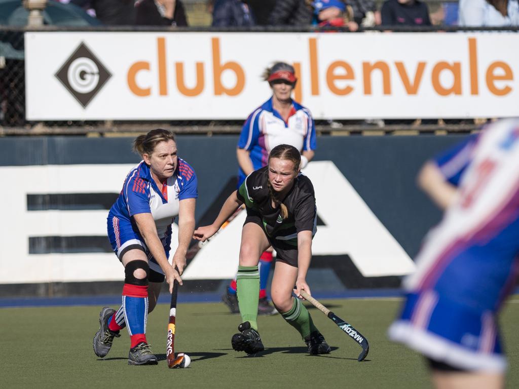 Rechelle Steinhardt (left) of Rangeville and Lilyanne Kirkegaard of Norths in A4 women Presidents Cup hockey at Clyde Park, Saturday, May 27, 2023. Picture: Kevin Farmer