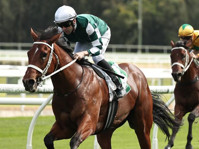 SYDNEY, AUSTRALIA - MAY 10: Adam Hyeronimus riding Hidden Achievement win Race 2 Ortus Financial 2YO Handicap during Metropolitan Racing at Gosford Race Club on May 10, 2025 in Sydney, Australia. (Photo by Jeremy Ng/Getty Images)