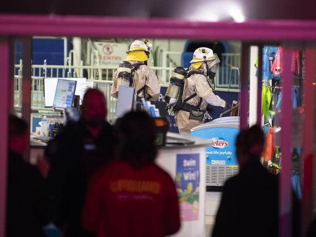 Queensland Fire and Rescue crews are working to determine the cause of a leak at Milne Bay Aquatic Centre that caused the facility to evacuate on Monday, May 19, 2024. Photo: Kevin Farmer
