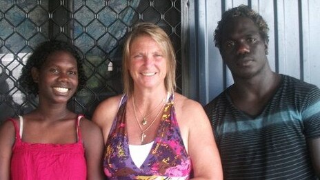 Anthony McDonald-Tipungwuti with his mum Jane McDonald and cousin Agneatha in Tiwi.