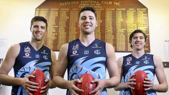 Brothers (left to right) James, Nick and Sam Wundke at Glenunga Football Club. Picture: Dean Martin