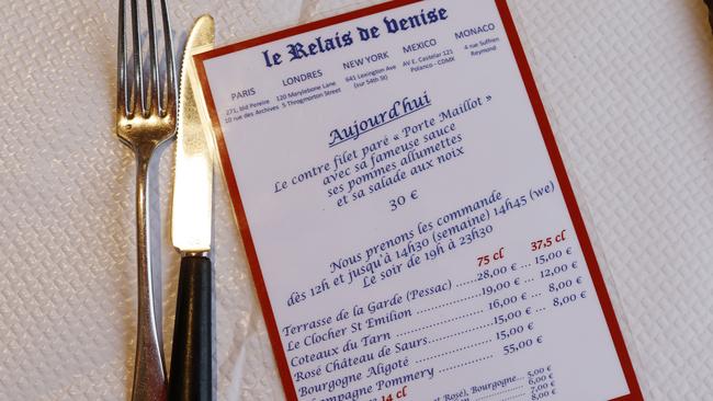 The menu at Le Relais de Venise L’Entrecote. Picture: Michael Klein