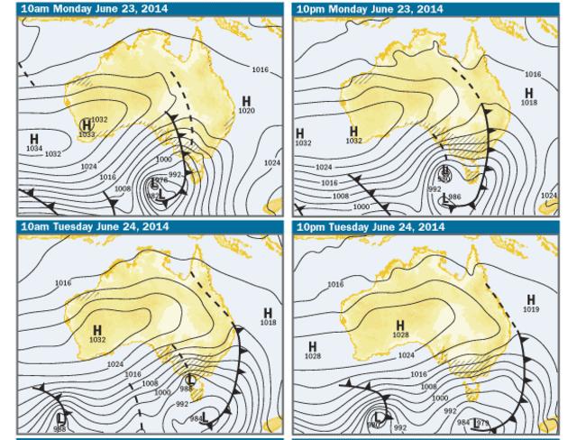 The official Bureau of Meteorology charts for today and tomorrow. if you can’t read a weather map, the black lines with ‘shark fins’ bring cold weather from the Southern Ocean. This means snow. Hooray.