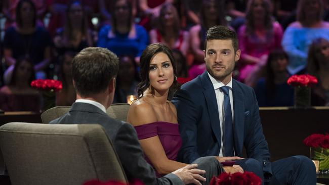 American contestants are far more likely to say I love you. US Bachelorette contestant Becca with her choice, Garrett. Picture: ABC/Paul Hebert