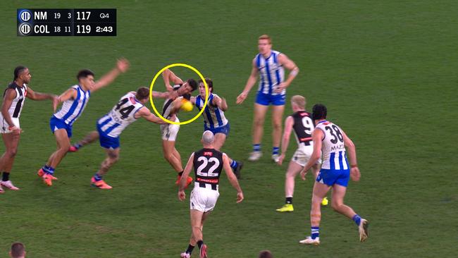 Daicos was lucky to avoid being pinged holding the ball deep in North’s forward line.