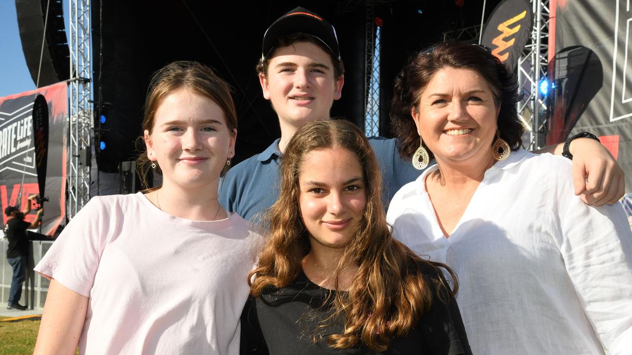 Thomas Sinclair with (from left) Ros Sinclair, Tayla Wood and Sally Sinclair from Texas. Meatstock Festival at the Toowoomba show grounds. April 2022