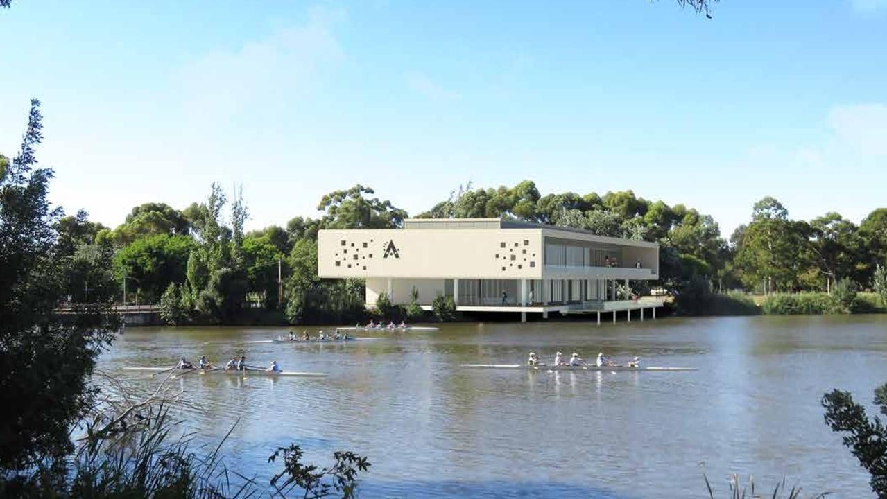 An artist impression of two-storey function centre/clubhouse, adjacent to Torrens River with viewing deck. Picture: Adelaide City Council documents