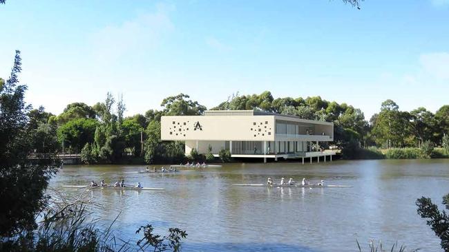 An artist impression of two-storey function centre/clubhouse, adjacent to Torrens River with viewing deck. Picture: Adelaide City Council documents