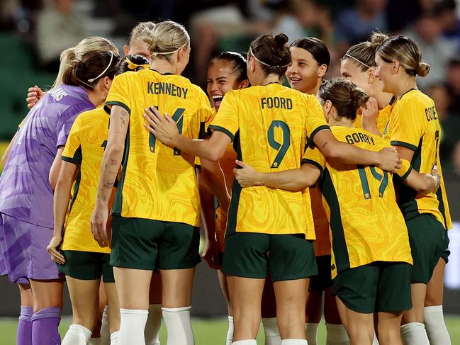 PERTH, AUSTRALIA - NOVEMBER 01: The Matildas form a huddle during the AFC Women's Asian Olympic Qualifier match between Australia and Chinese Taipei at HBF Park on November 1, 2023 in Perth, Australia. (Photo by Will Russell/Getty Images)